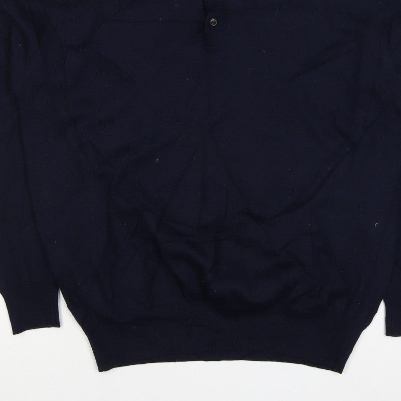 Marks and Spencer Men's Navy L Merino Blend Collared Henley Jumper