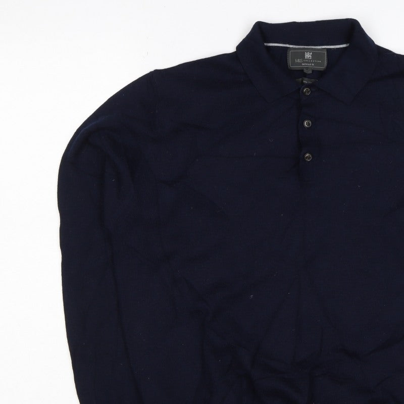 Marks and Spencer Men's Navy L Merino Blend Collared Henley Jumper