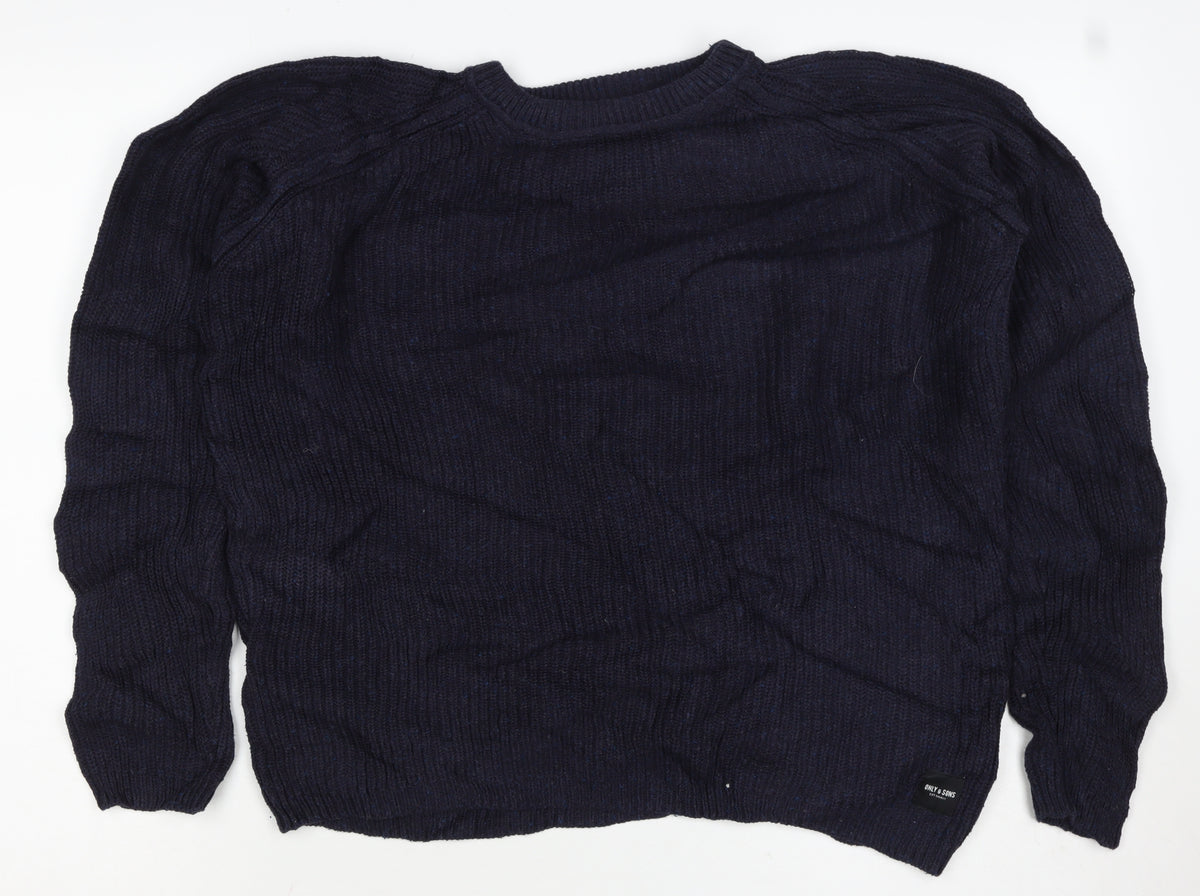 Only & Sons Unisex Navy L Cable Knit Crew Neck Cotton Jumper
