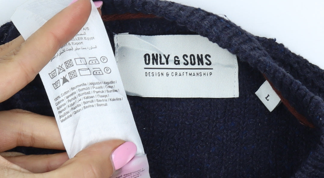 Only & Sons Unisex Navy L Cable Knit Crew Neck Cotton Jumper