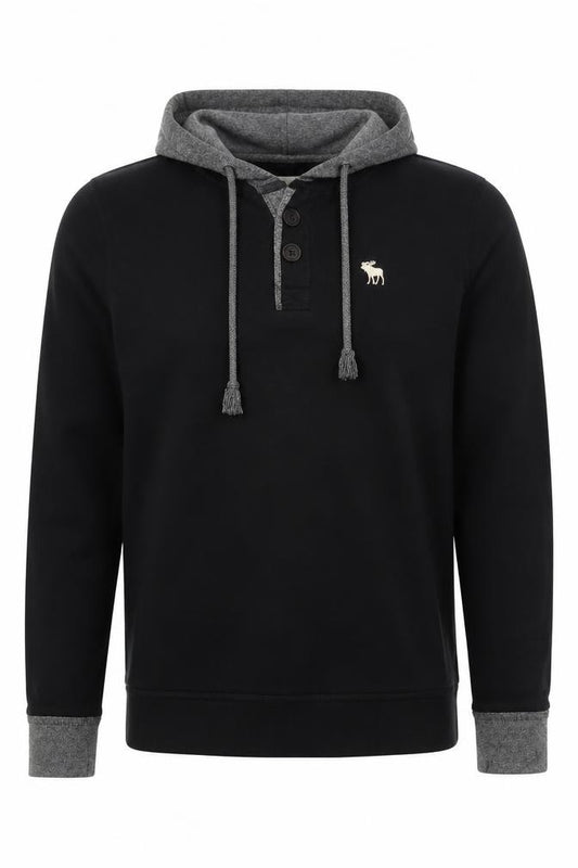 Abercrombie & Fitch Men Black L Hooded Henley Pullover Hoodie Logo