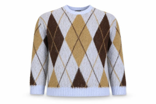 Boohoo Women Blue Brown Argyle Open Knit Jumper UK 16/18