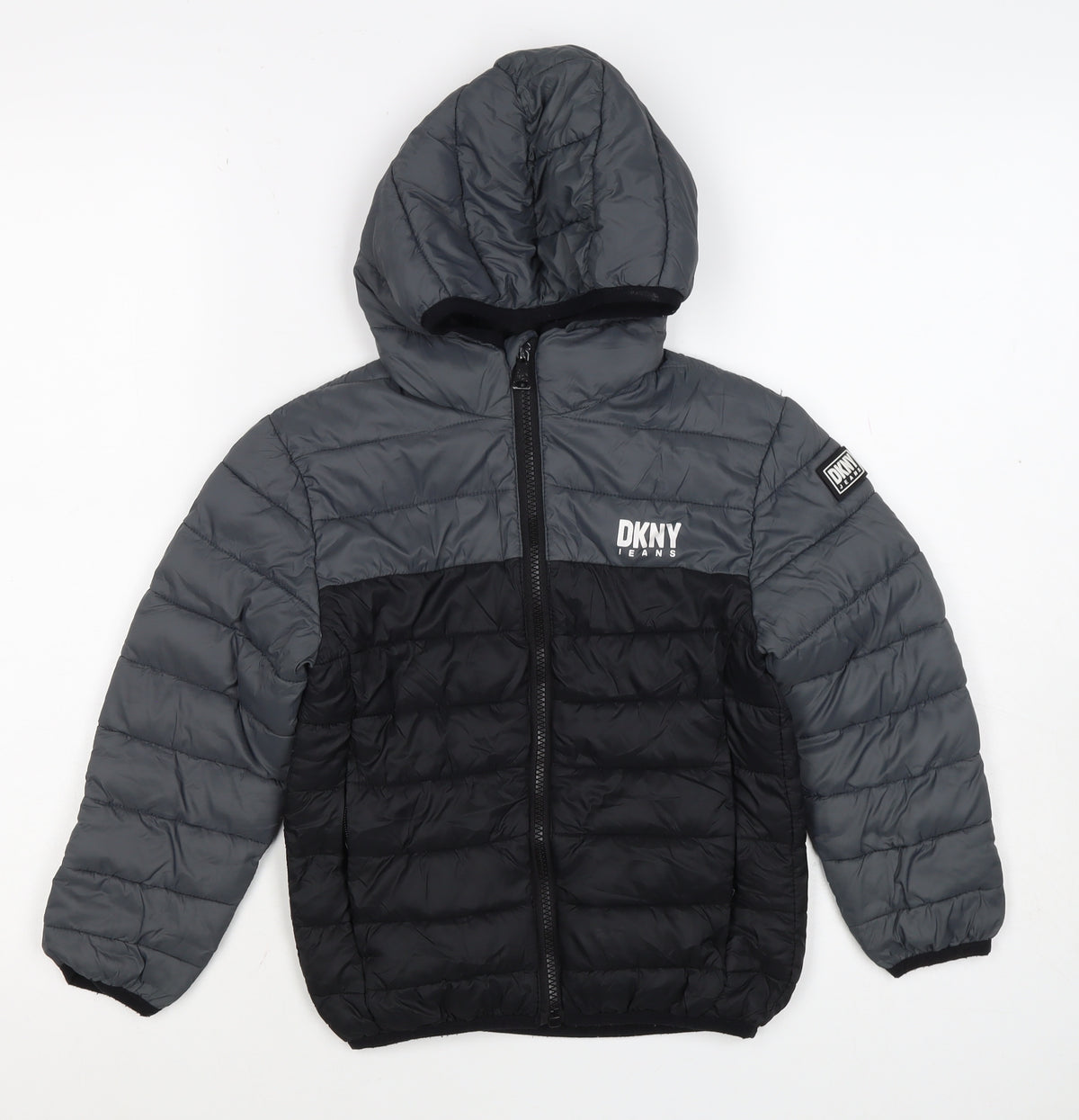 DKNY Boys Grey Black 5-6 Years Hooded Puffer Jacket Logo