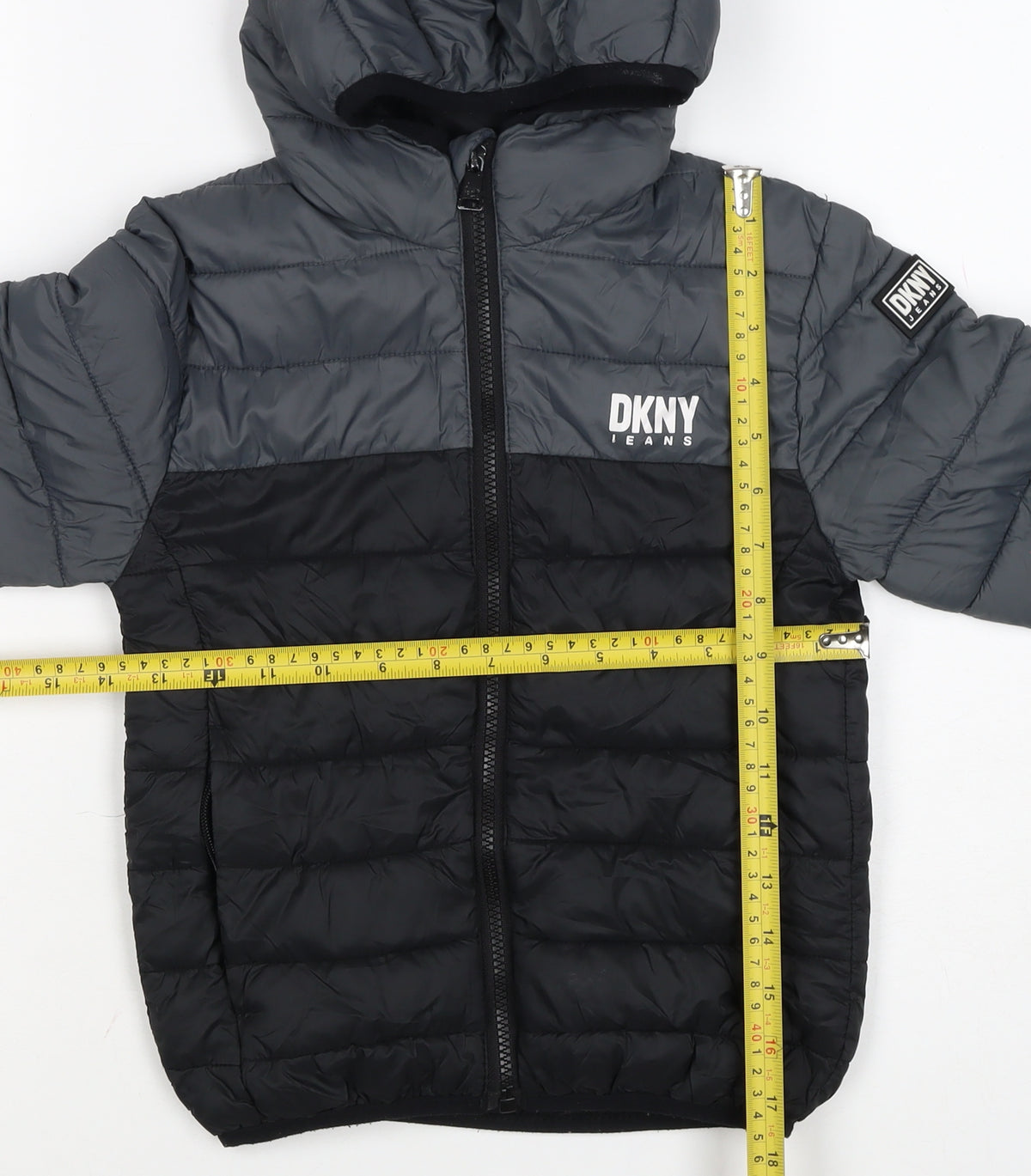 DKNY Boys Grey Black 5-6 Years Hooded Puffer Jacket Logo