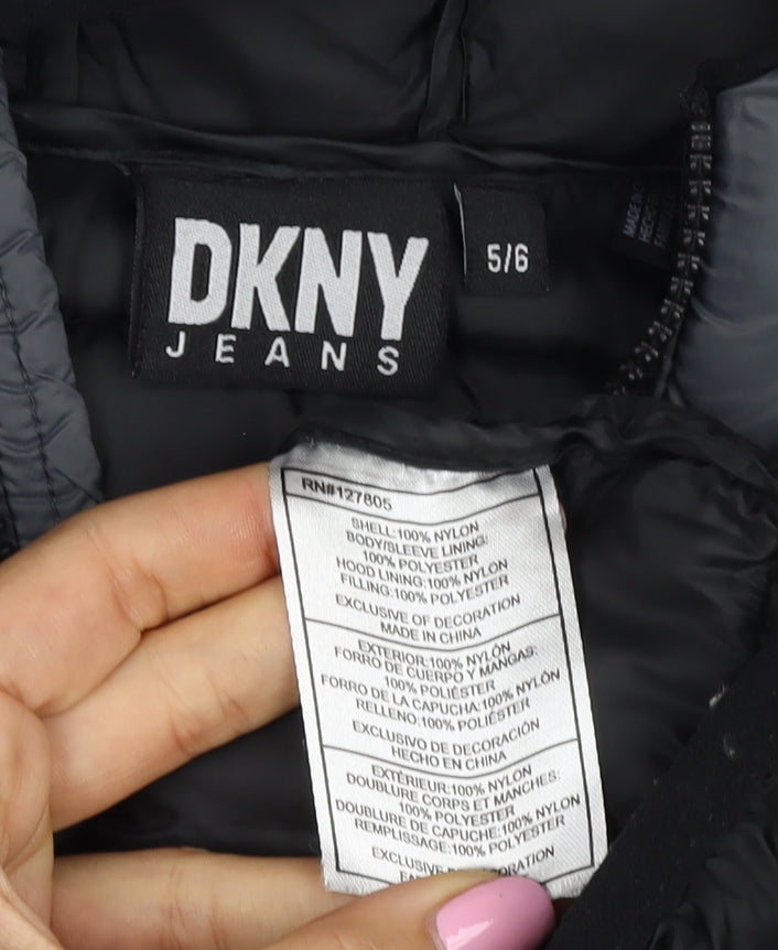 DKNY Boys Grey Black 5-6 Years Hooded Puffer Jacket Logo
