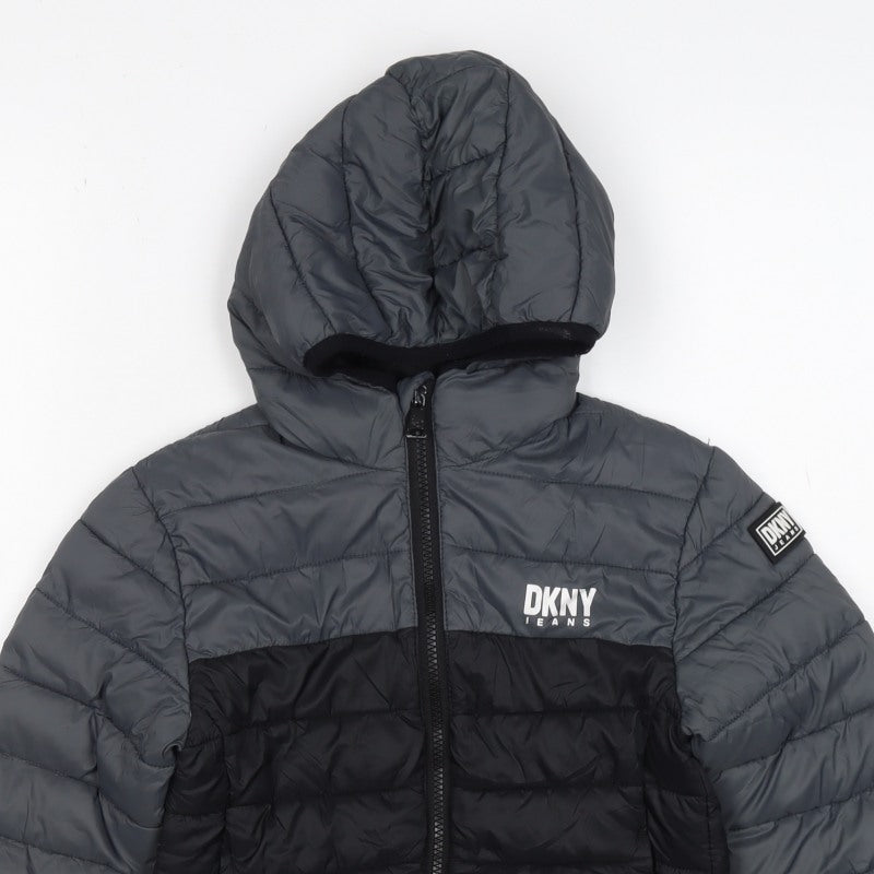 DKNY Boys Grey Black 5-6 Years Hooded Puffer Jacket Logo