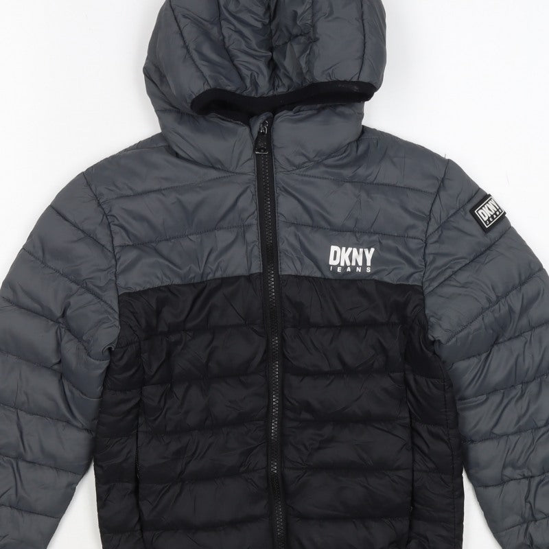 DKNY Boys Grey Black 5-6 Years Hooded Puffer Jacket Logo