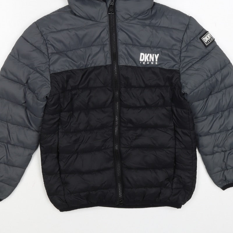 DKNY Boys Grey Black 5-6 Years Hooded Puffer Jacket Logo