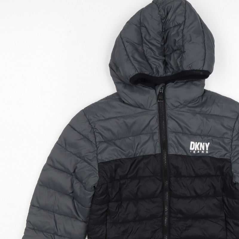 DKNY Boys Grey Black 5-6 Years Hooded Puffer Jacket Logo