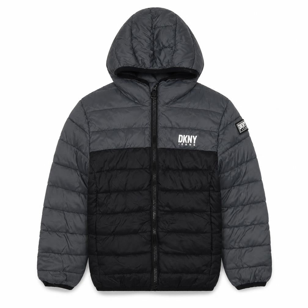 DKNY Boys Grey Black 5-6 Years Hooded Puffer Jacket Logo