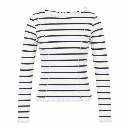 Brave Soul Women White Navy Stripe Ribbed Ruffle Long Sleeve Top S
