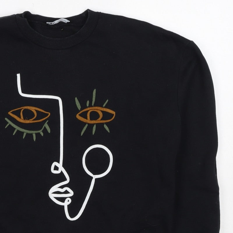 Zara Women Black S Pullover Sweatshirt Embroidered Abstract Face Crew Neck