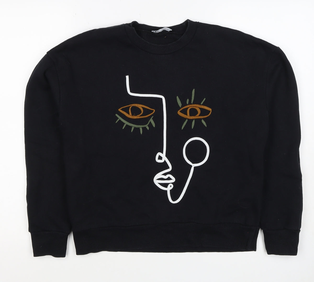 Zara Women Black S Pullover Sweatshirt Embroidered Abstract Face Crew Neck