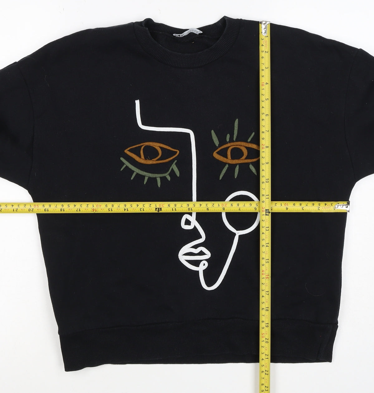 Zara Women Black S Pullover Sweatshirt Embroidered Abstract Face Crew Neck