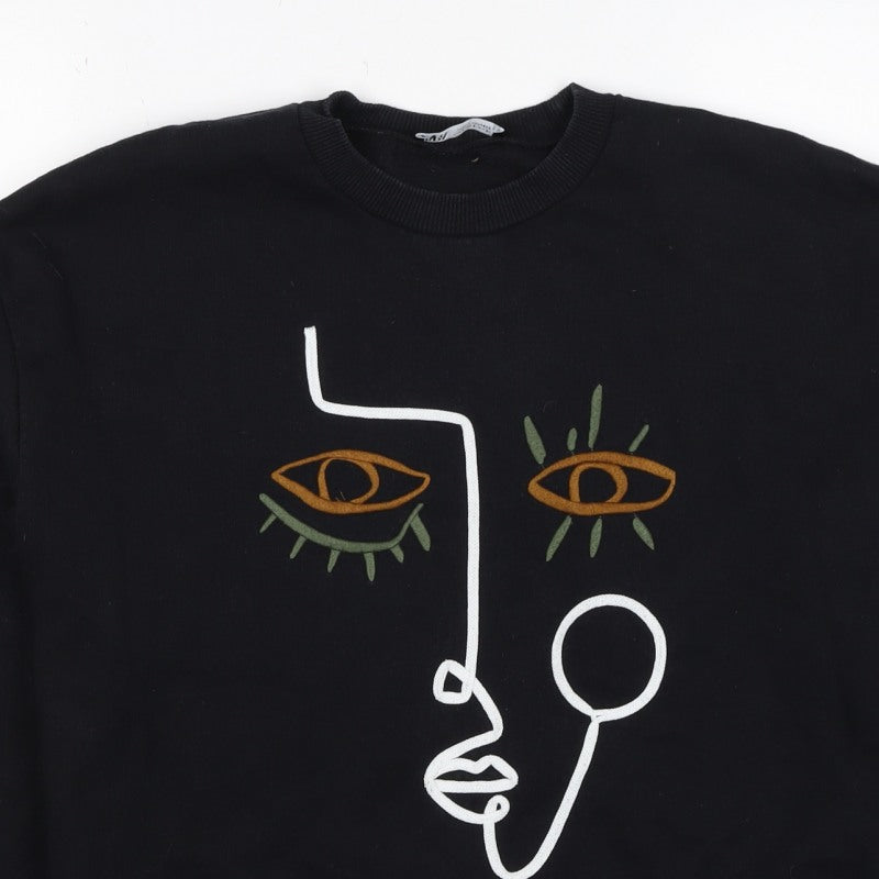 Zara Women Black S Pullover Sweatshirt Embroidered Abstract Face Crew Neck