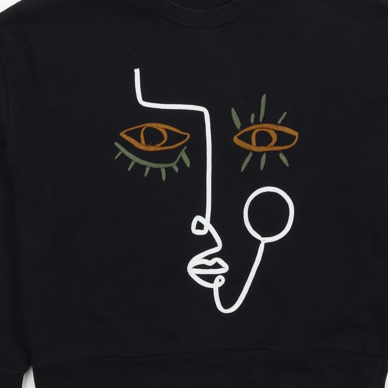 Zara Women Black S Pullover Sweatshirt Embroidered Abstract Face Crew Neck