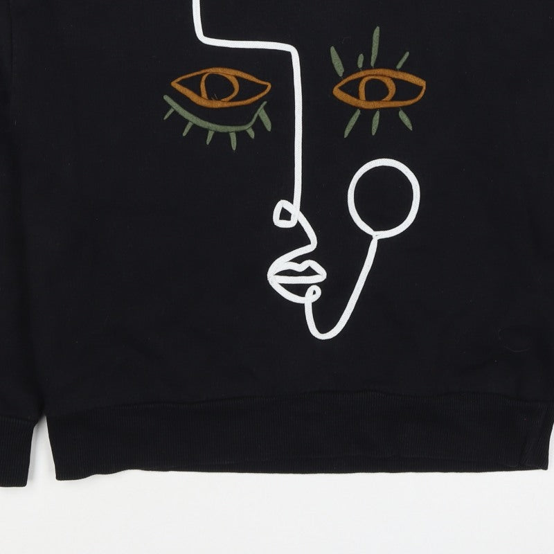 Zara Women Black S Pullover Sweatshirt Embroidered Abstract Face Crew Neck
