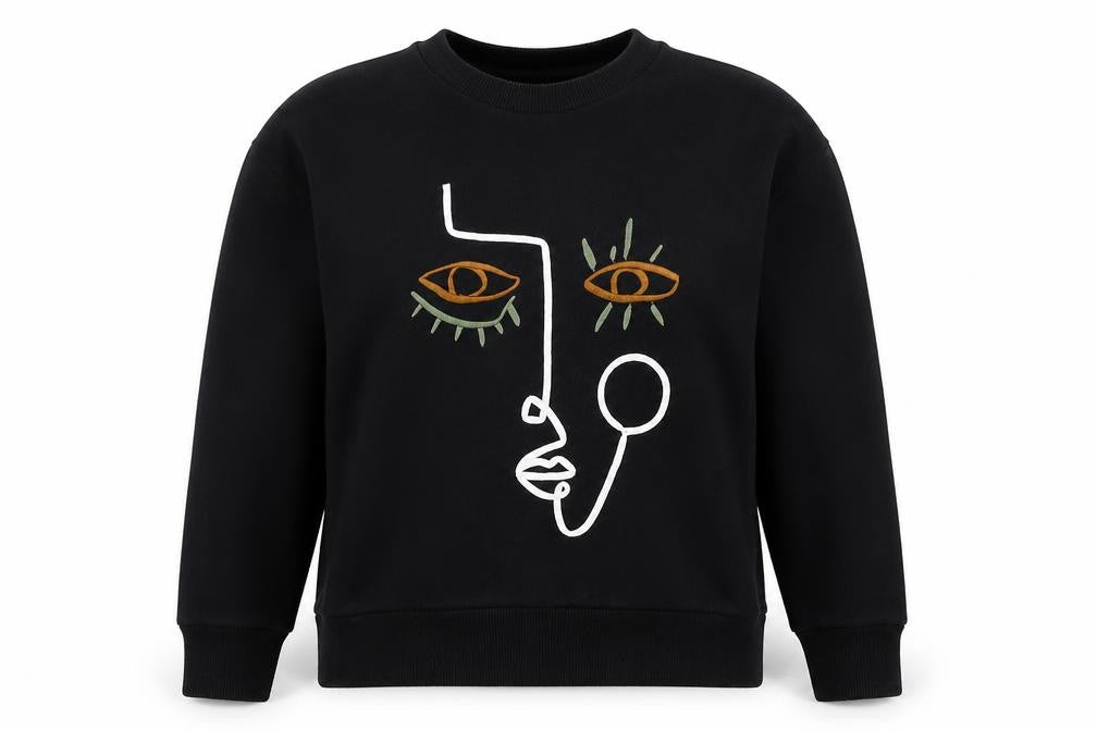 Zara Women Black S Pullover Sweatshirt Embroidered Abstract Face Crew Neck