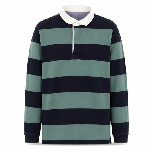 Cotton Traders Men’s Green Black Striped Long Sleeve Polo Shirt M