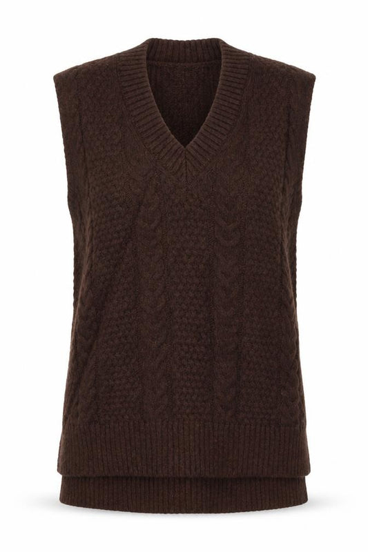 Marks & Spencer Women Brown M Cable-Knit V-Neck Sleeveless Jumper Vest