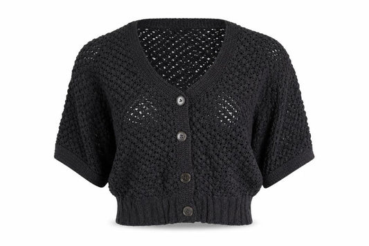 St Grey Women’s Black Cotton Open Knit Short Sleeve Cardigan UK 10