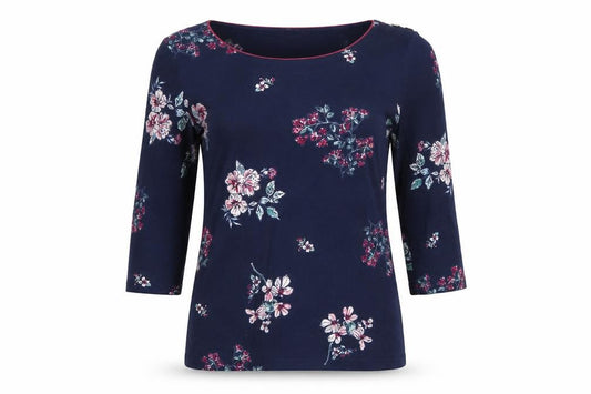Bonmarché Women Blue Floral Cotton Jersey 3/4 Sleeve Top UK 12