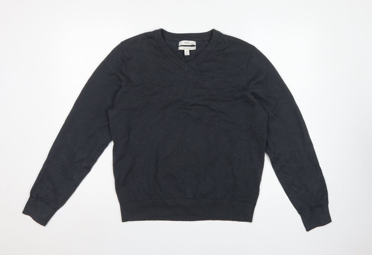 Marks & Spencer Men Black Cotton V-Neck Pullover Jumper Size L