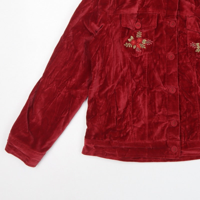 April Cornell Women Red M Velvet Floral Embroidered Button Jacket