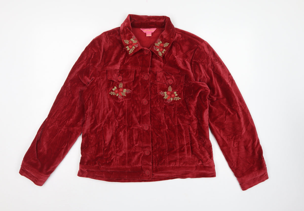 April Cornell Women Red M Velvet Floral Embroidered Button Jacket