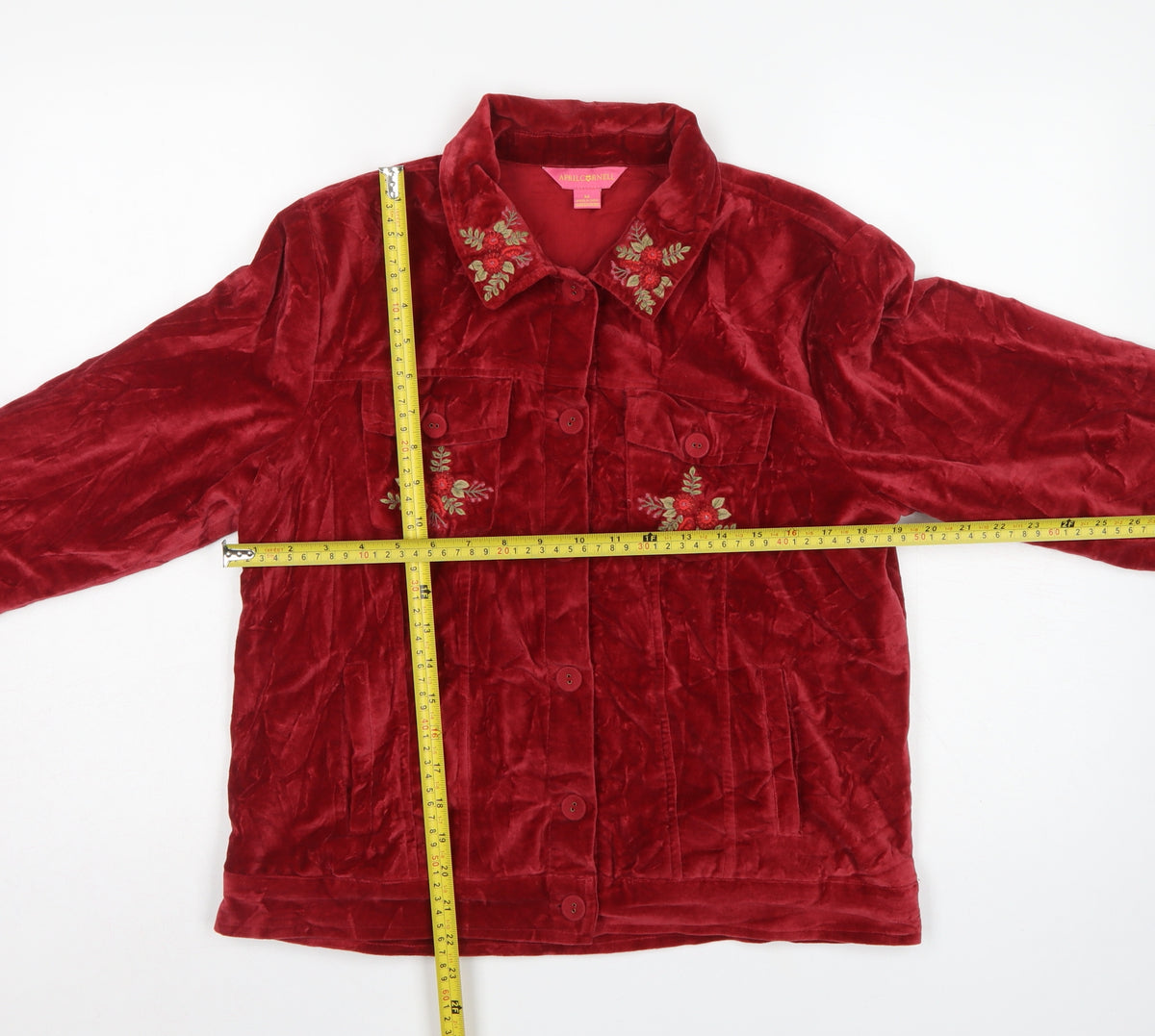 April Cornell Women Red M Velvet Floral Embroidered Button Jacket