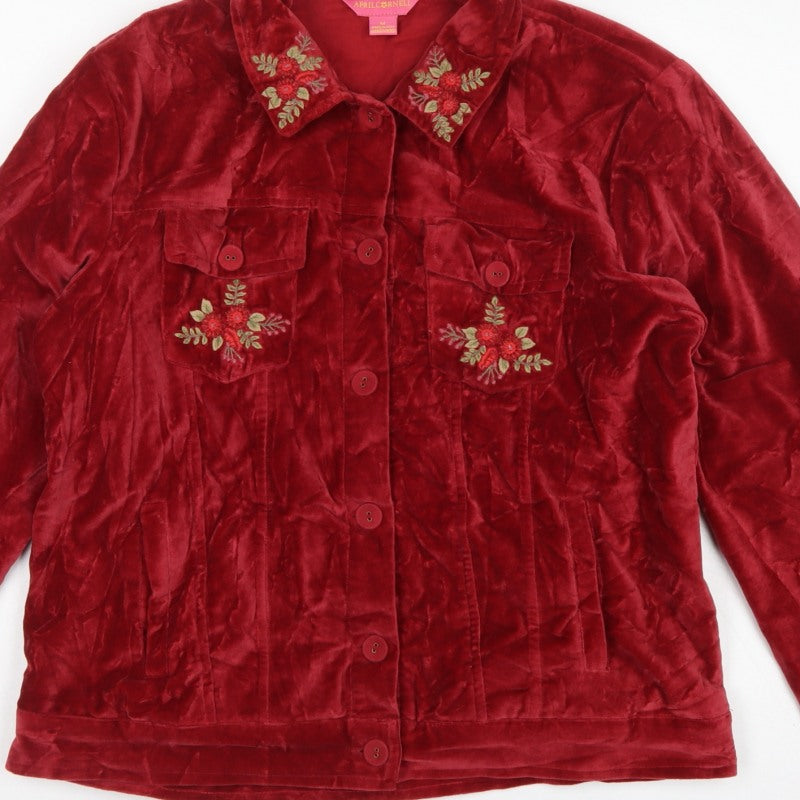 April Cornell Women Red M Velvet Floral Embroidered Button Jacket