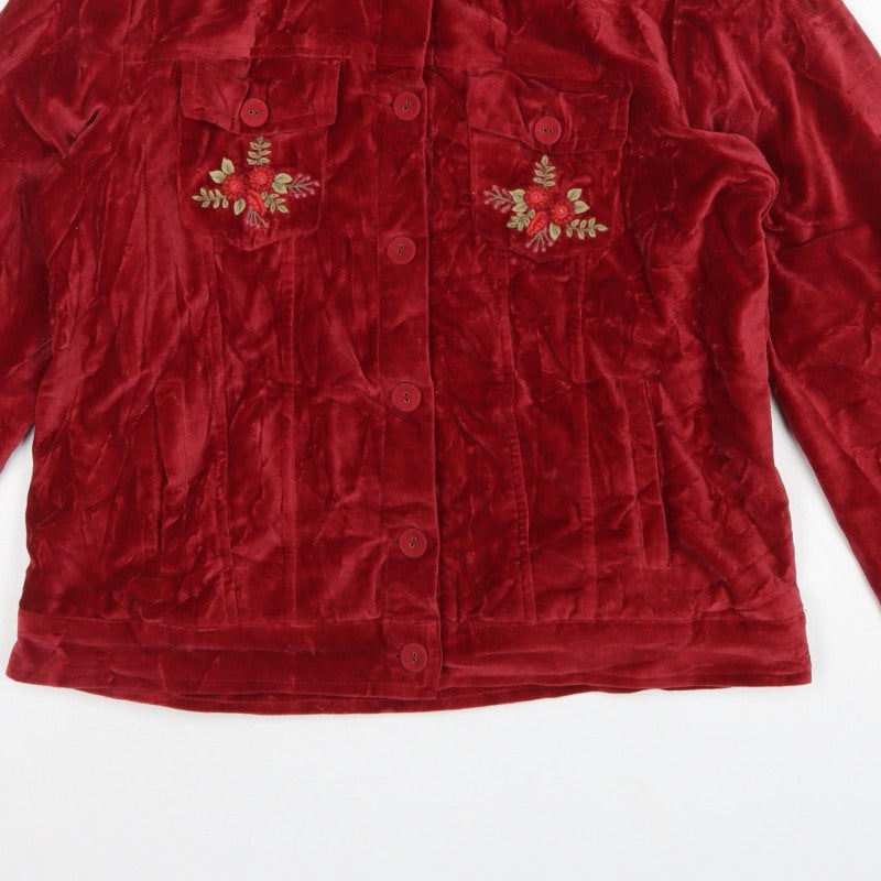 April Cornell Women Red M Velvet Floral Embroidered Button Jacket