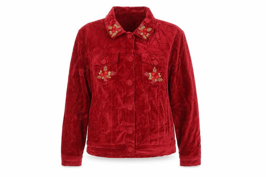 April Cornell Women Red M Velvet Floral Embroidered Button Jacket