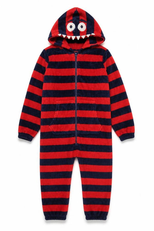 Boden Boys Multicoloured 8-9 Years Striped Monster Hooded Fleece Onesie