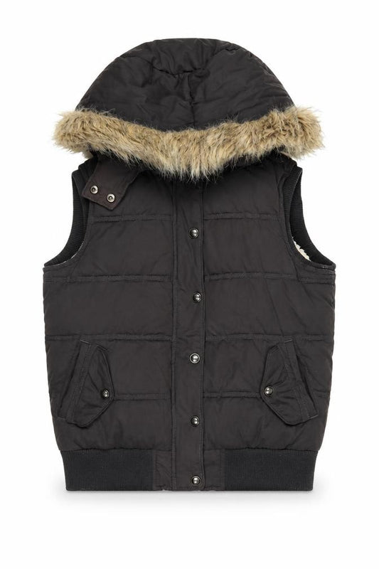 Fat Face Women’s Black UK 12 Hooded Faux Fur Puffer Gilet Waistcoat