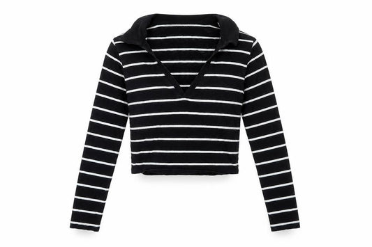Hollister Women Black White Striped Cropped Long Sleeve Polo Top S