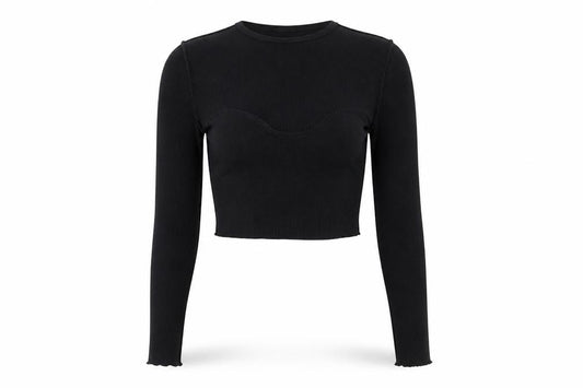 Pull&Bear Women Black S Cropped Rib Knit Sweetheart Long Sleeve Top