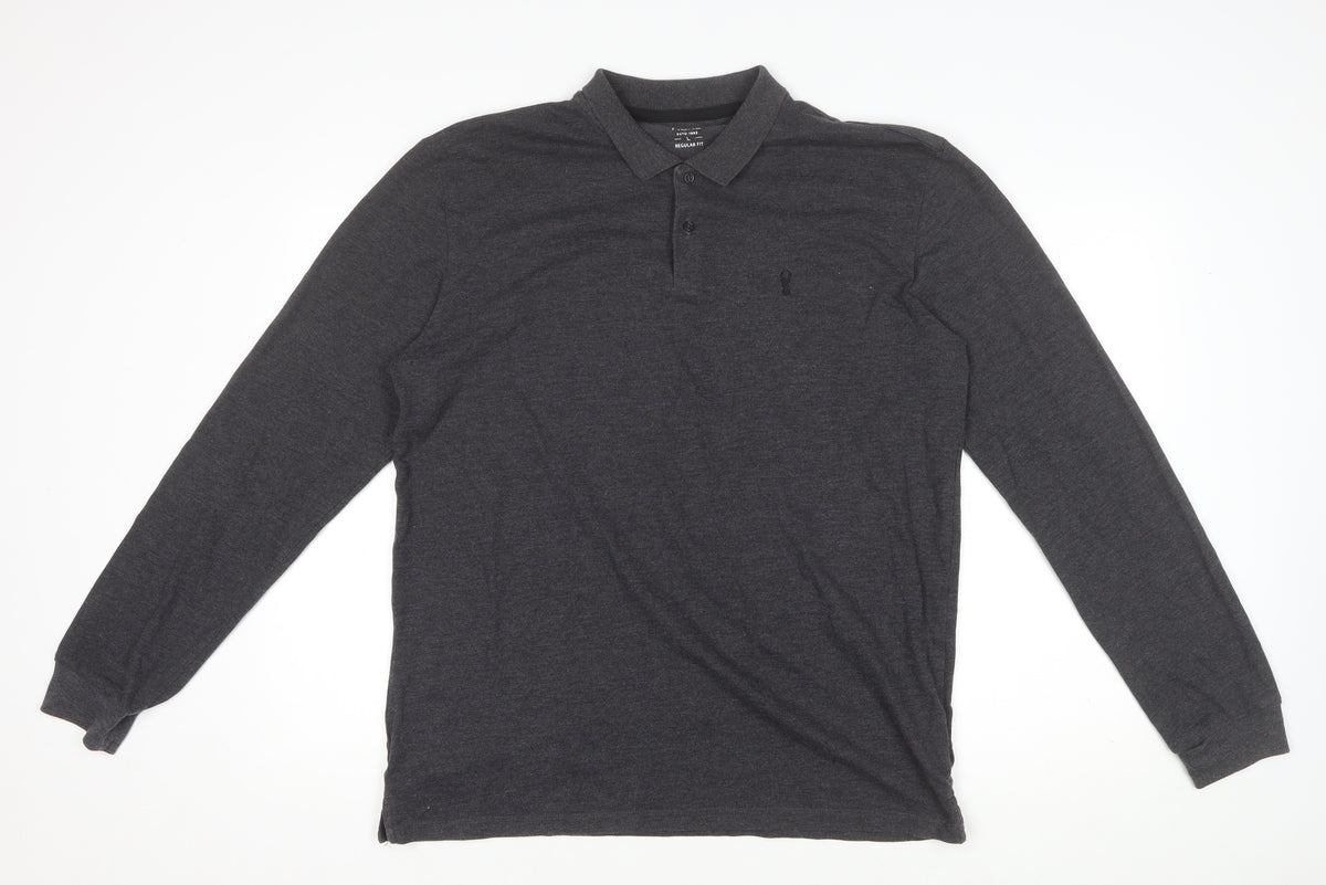 Next Men's Dark Grey L Long Sleeve Cotton Regular Fit Polo