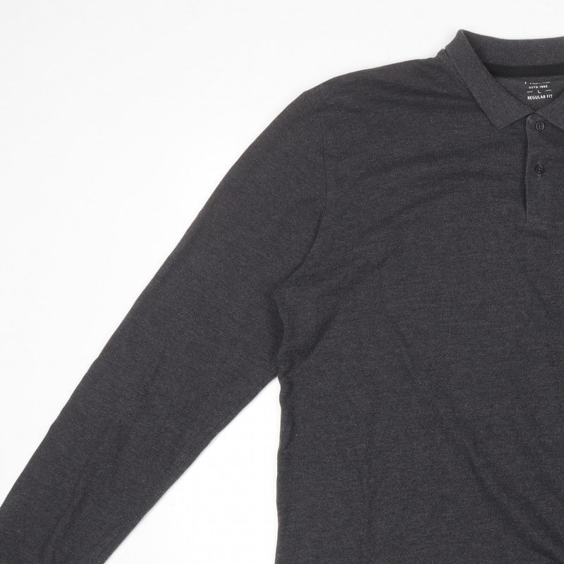 Next Men's Dark Grey L Long Sleeve Cotton Regular Fit Polo