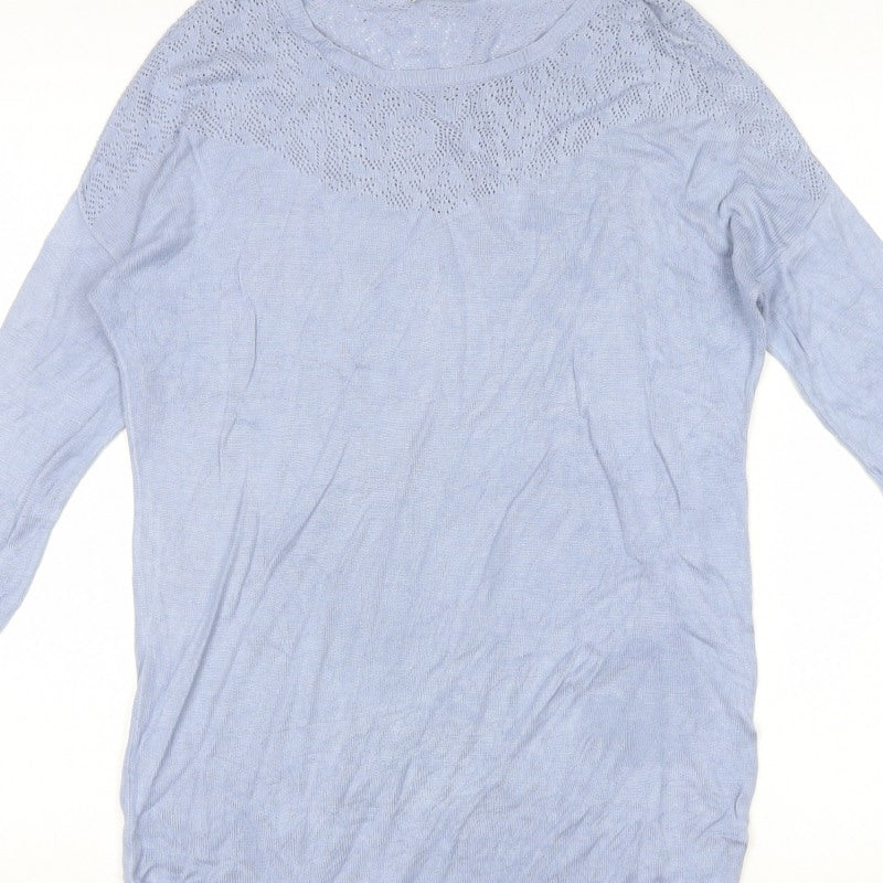 Oasis Women Blue Size S Viscose Open-Knit Yoke Pullover Jumper