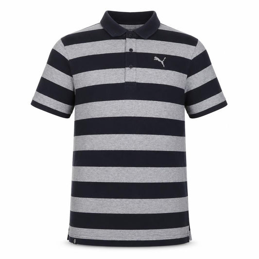 PUMA Men's Black Grey Striped Polo Shirt L Short Sleeve Logo
