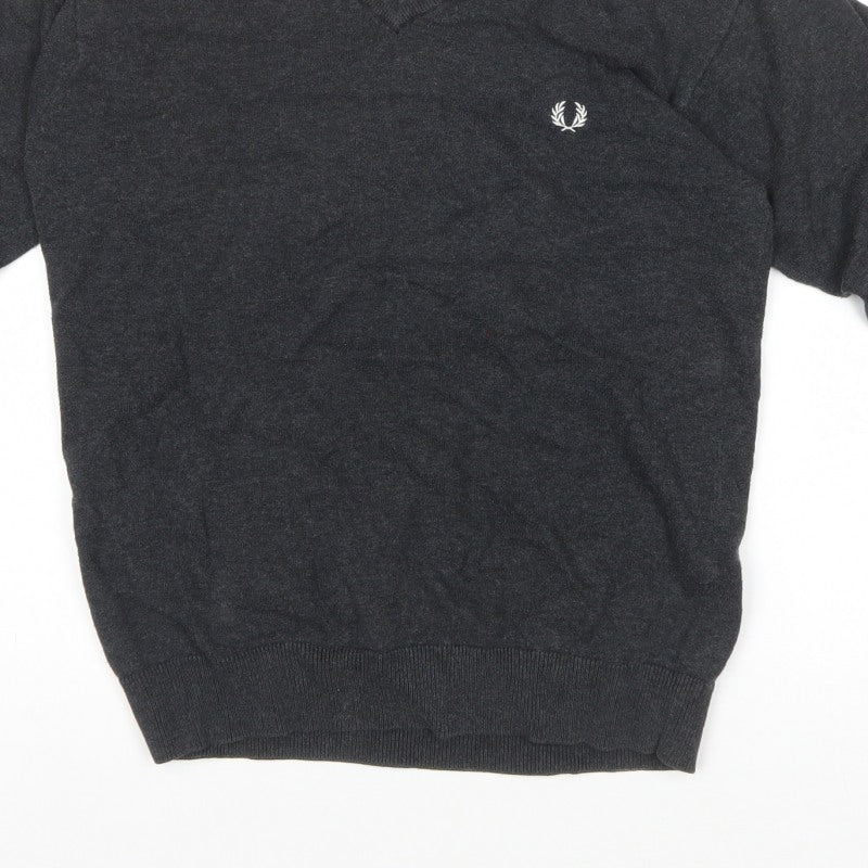 Fred Perry Men’s Grey S V-Neck Cotton Logo Pullover Jumper