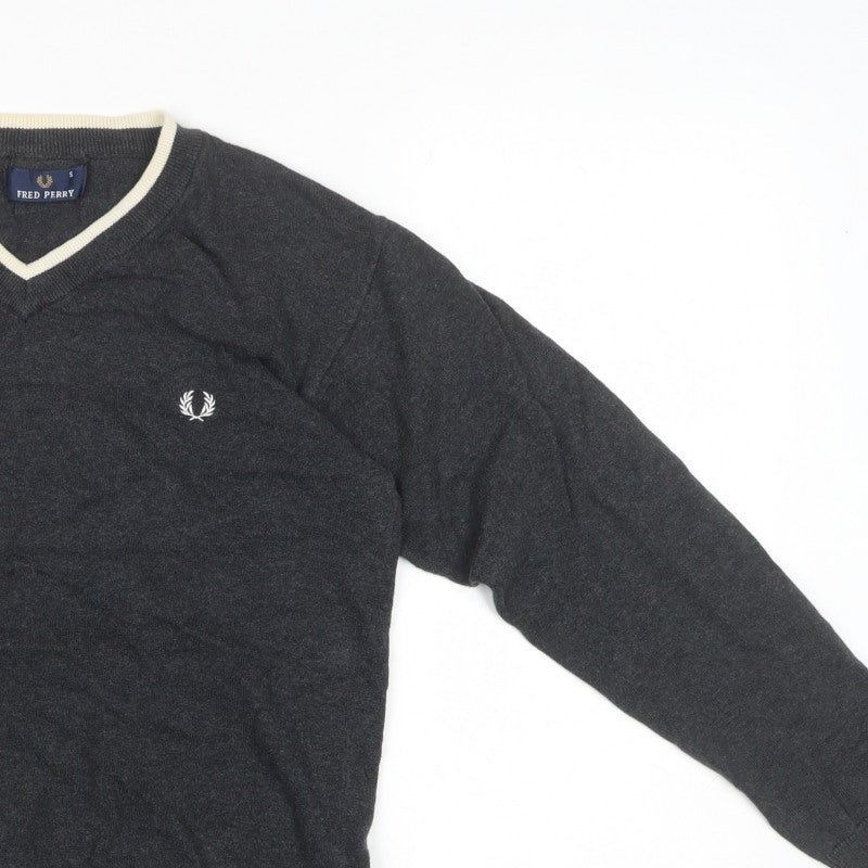 Fred Perry Men’s Grey S V-Neck Cotton Logo Pullover Jumper
