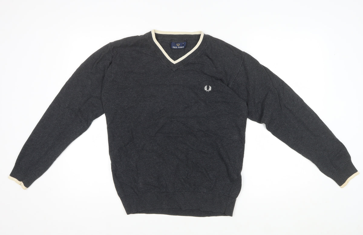 Fred Perry Men’s Grey S V-Neck Cotton Logo Pullover Jumper