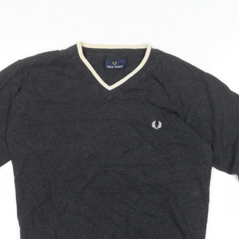 Fred Perry Men’s Grey S V-Neck Cotton Logo Pullover Jumper