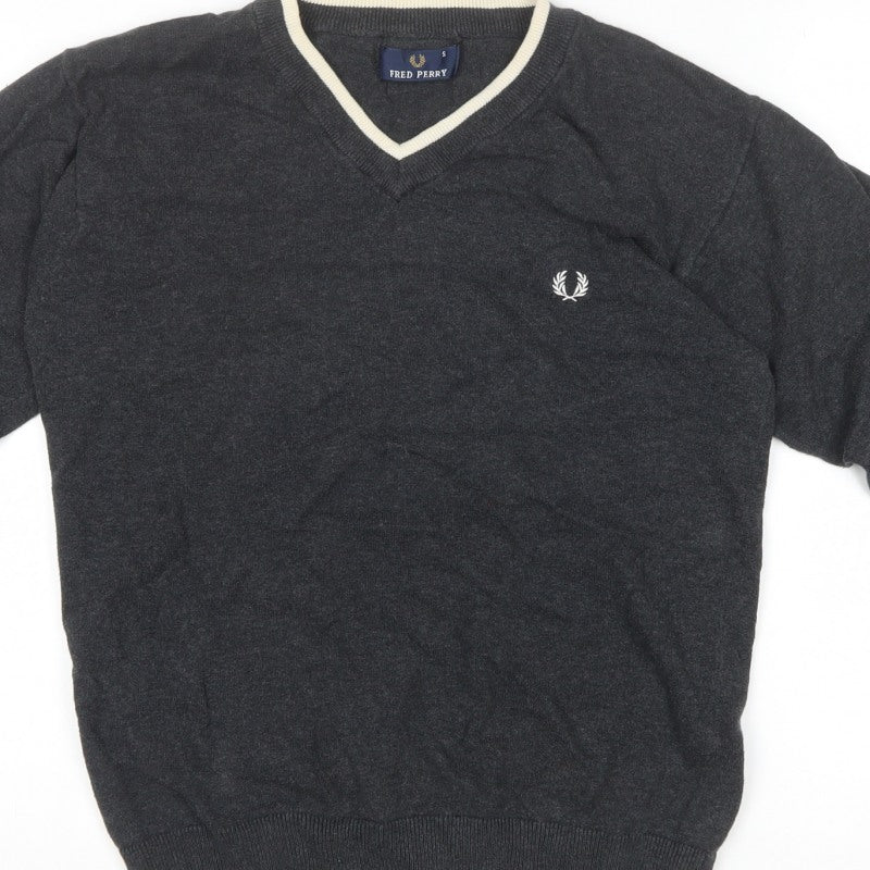 Fred Perry Men’s Grey S V-Neck Cotton Logo Pullover Jumper