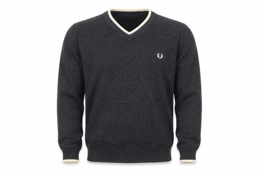 Fred Perry Men’s Grey S V-Neck Cotton Logo Pullover Jumper