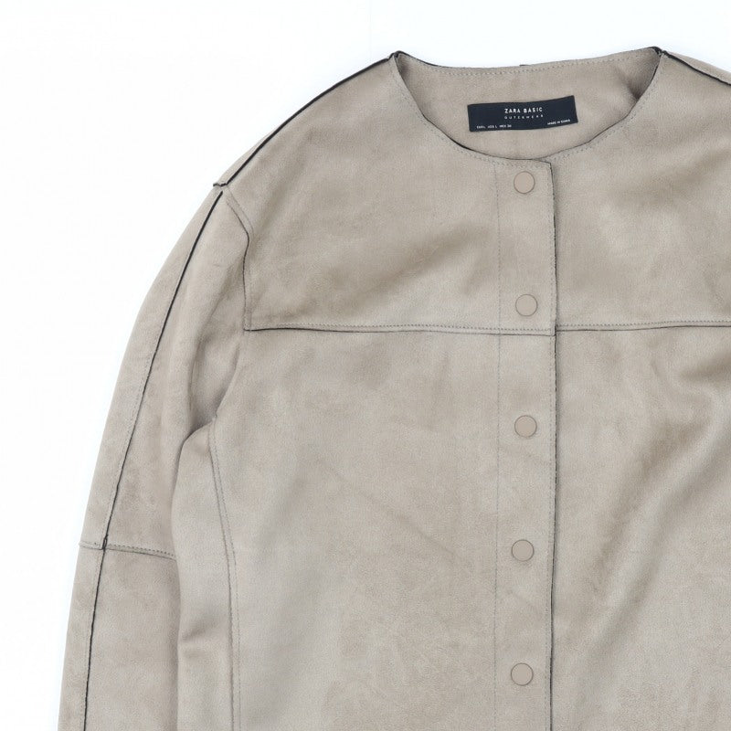 Zara Basic Women Beige L Faux Suede Collarless Snap Jacket