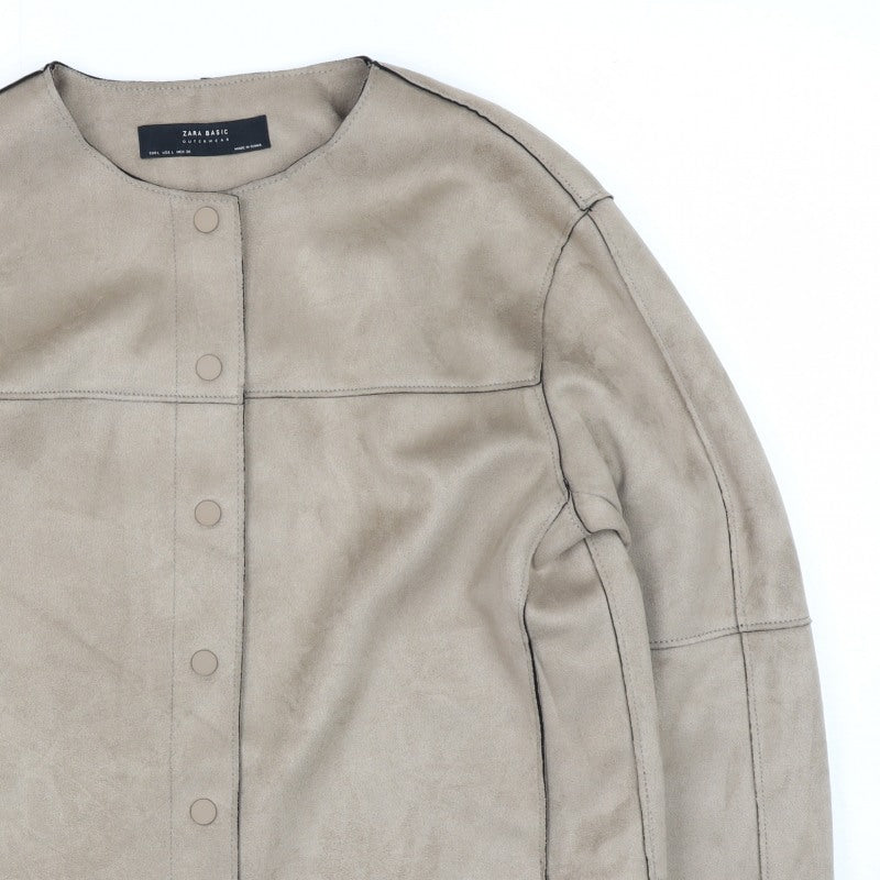 Zara Basic Women Beige L Faux Suede Collarless Snap Jacket