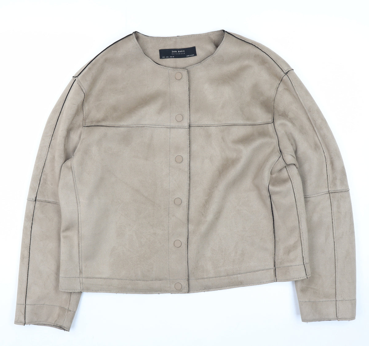 Zara Basic Women Beige L Faux Suede Collarless Snap Jacket